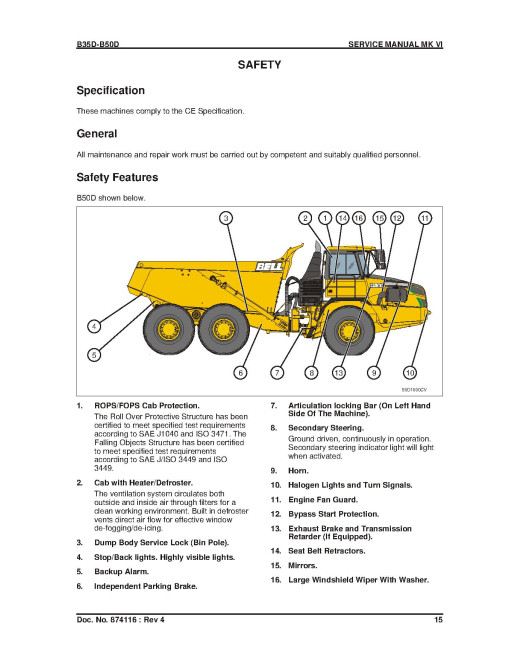 BELL B35D 6X6, B40D 6X4 Supertruck, B40D 6X6, B45D 6X6 and B50D 6X6 (MK 6) Articulated Dump Trucks Service Manual (874116) BELL B35D 6X6, B40D 6X4 Supertruck, B40D 6X6, B45D 6X6 and B50D 6X6 (MK 6) Articulated Dump Trucks Service Manual (874116)