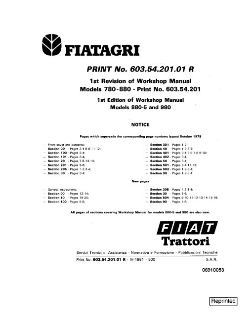 Fiat 780, 780DT, 880, 880-5, 880DT, 880DT-5, 980 and 980DT Tractors set of Workshop Manuals (06910052-53) Fiat 780, 780DT, 880, 880-5, 880DT, 880DT-5, 980 and 980DT Tractors set of Workshop Manuals (06910052-53)