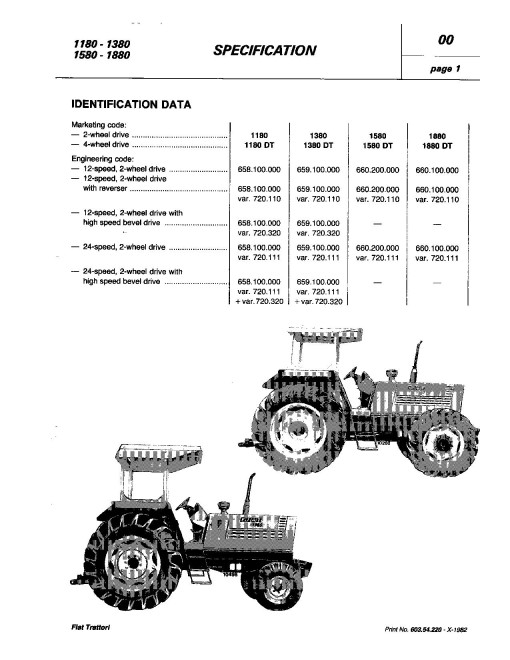Fiat 1180, 1180DT, 1280, 1280DT, 1380, 1380DT, 1580, 1580DT, 1880 and 1880DT Tractors Workshop Manual (06910064)