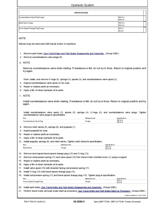 Hitachi Zaxis 260F-FE-6N and 260FLC-FE-6N Forestry Excavators (PIN: 1FFDC272_ _F260001-) Repair Manual (TM14175X19)