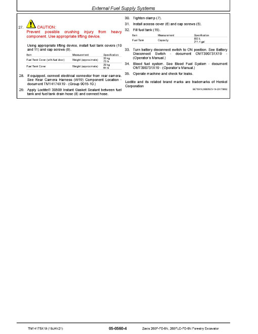 Hitachi Zaxis 260F-FE-6N and 260FLC-FE-6N Forestry Excavators (PIN: 1FFDC272_ _F260001-) Repair Manual (TM14175X19)