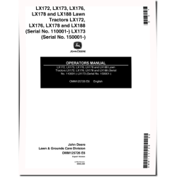 LX172, LX176, LX178, LX188 (SN:110001-) and LX173 (SN:150001-) Lawn Tractors (Export) Operators Manual (OMM125726)