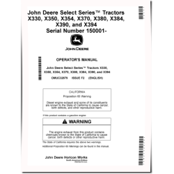 X330, X350, X354, X370, X380, X384, X390, X394 (SN:150001-210000) Lawn Tractors (N.America) Operators Manual (OMUC32879)