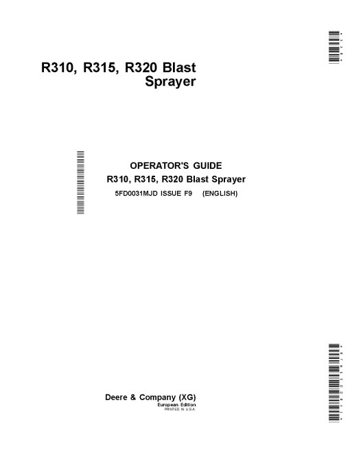 John Deere R310, R315 and R320 Trailed Blast Sprayer (Europe) Operators Manual (5FD0031MJD)