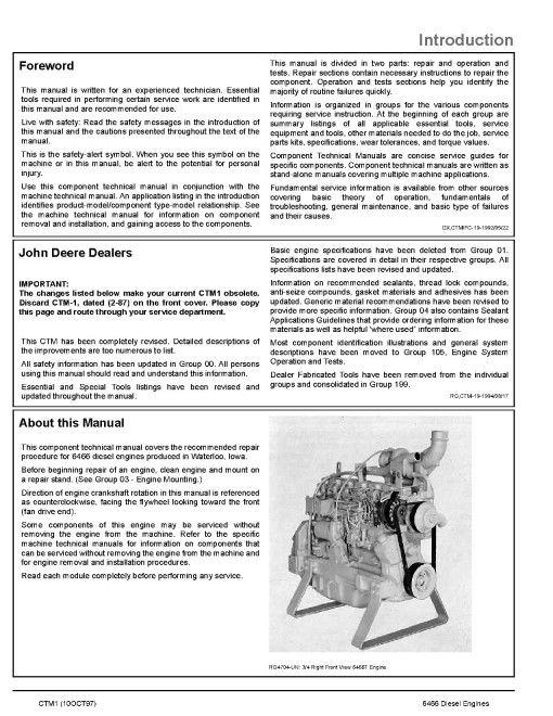 John Deere 6466 Series (400 Series) Diesel Engines Component Technical Manual (CTM1)