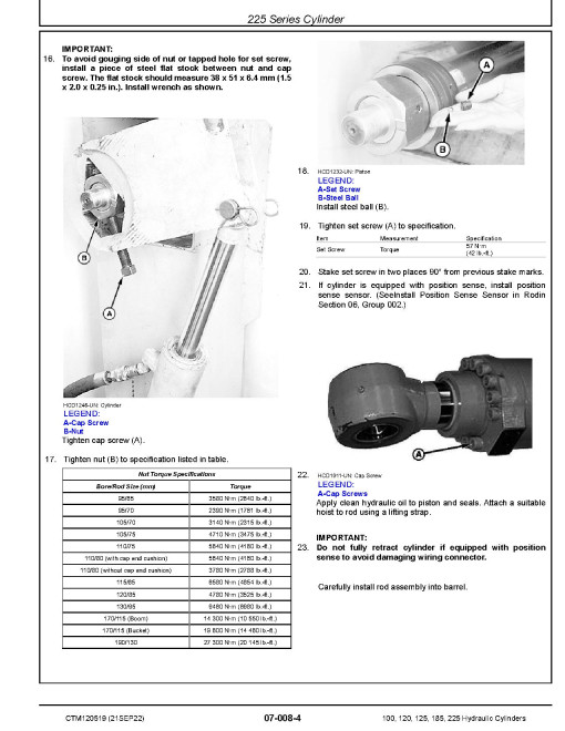 John Deere 100, 120, 125, 185 and 225 Series Hydraulic Cylinders Component Technical Manual (CTM120519)