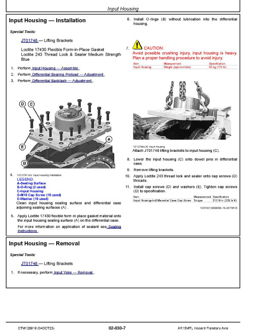 John Deere AR15MTL Inboard Panetary Axles Component Technical Manual (CTM128919)