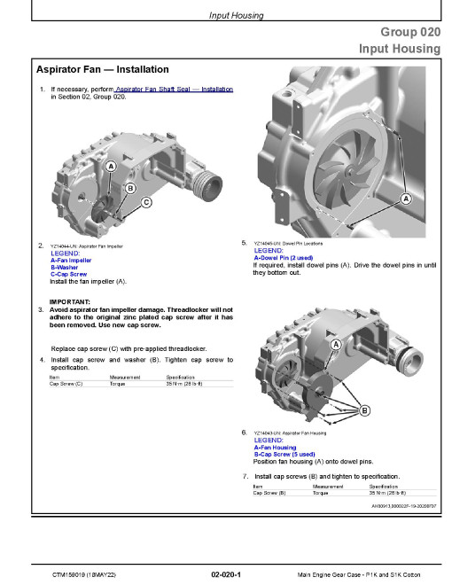 John Deere Main Engine Gear Case P1K and S1K Cotton Component Technical Manual (CTM159019)