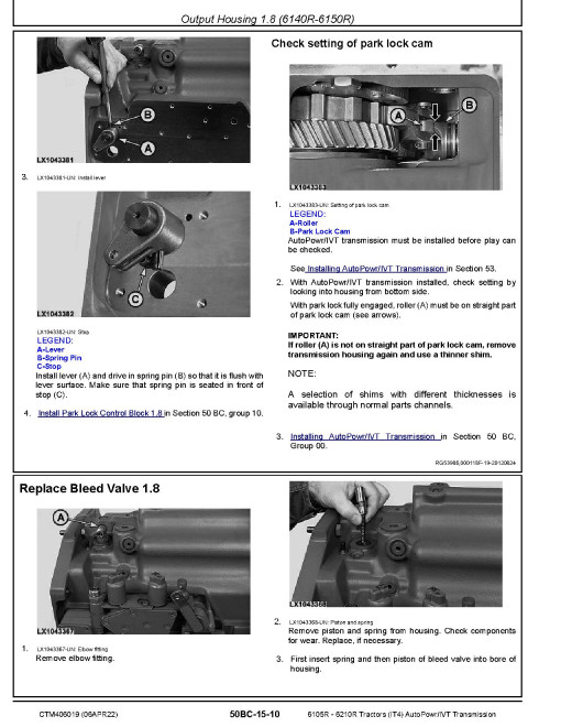 John Deere AutoPowr/IVT Transmissions for 6105R - 6210R Tractors (IT4) Component Technical Manual (CTM406019)
