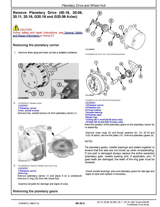 John Deere 00.16, 20.09, 20.09C, 20.11, 20.16, G20.09 and G20.16 Front Wheel Drive Axles Technical Manual (CTM4870)