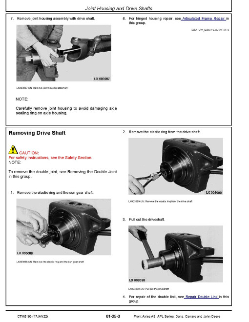John Deere, APL 335, 350, 359, AS 2060, 3035, 3050, 3060, Carrao 20.09, 2WD, Dana 2WD, 720, 725, 750, 755 Axles Technical Manual (CTM8193)
