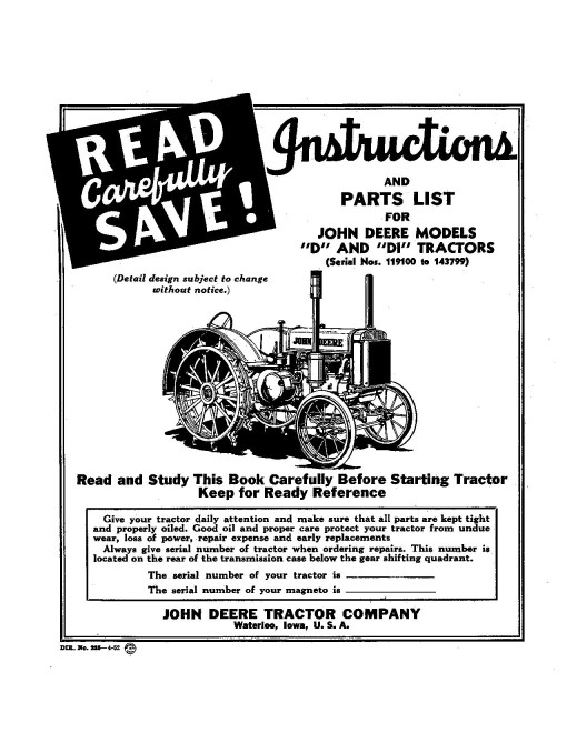 John Deere D Tractors and DI Industrial Tractors (North America) Operators Manual (DIR225)