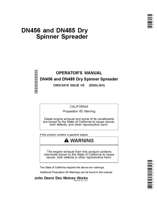 John Deere DN456 and DN485 Dry Fertilizer Spreaders (MY2015 - 2016) (Export Edition) Operators Manual (OM312418)