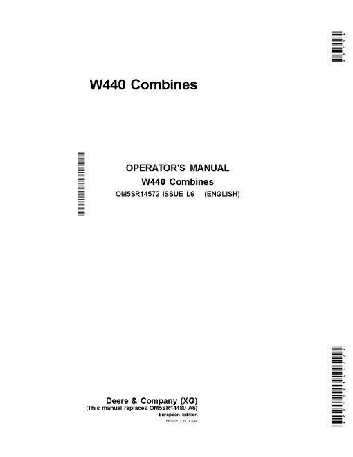John Deere W440 Combines (SN: up to 700948) (Europe) Operators Manual (OM5SR14572)