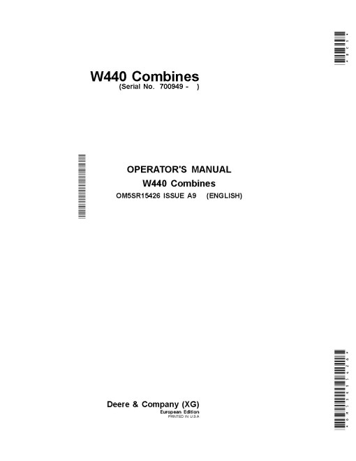 John Deere W440 Combines (SN: from 700949) (Europe) Operators Manual (OM5SR15426)
