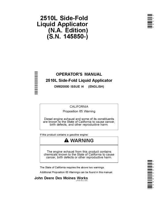 John Deere 2510L Side-Fold Luquid Nutrient Applicators (SN: from 145850) (North America) Operators Manual (OM820000)