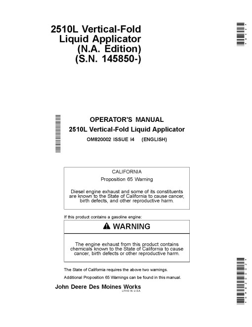 John Deere 2510L Vertical-Fold Luquid Nutrient Applicators (SN: from 145850) (North America) Operators Manual (OM820002)