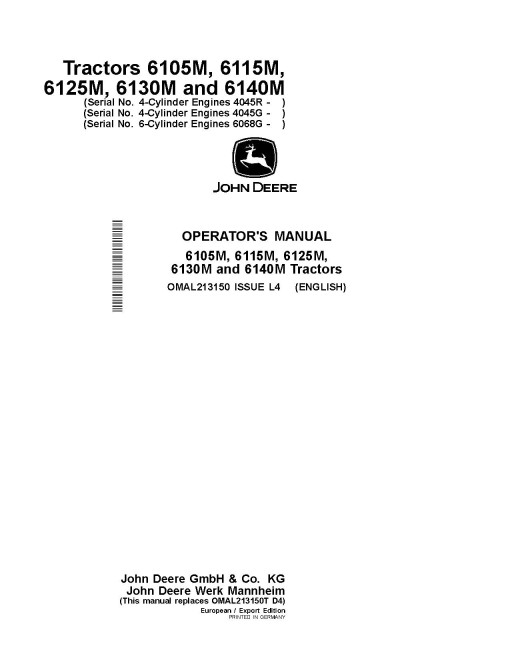 John Deere 6105M, 6115M, 6125M, 6130M and 6140M Tractors (from MY2016, Europe, Export) Operators Manual (OMAL213150)
