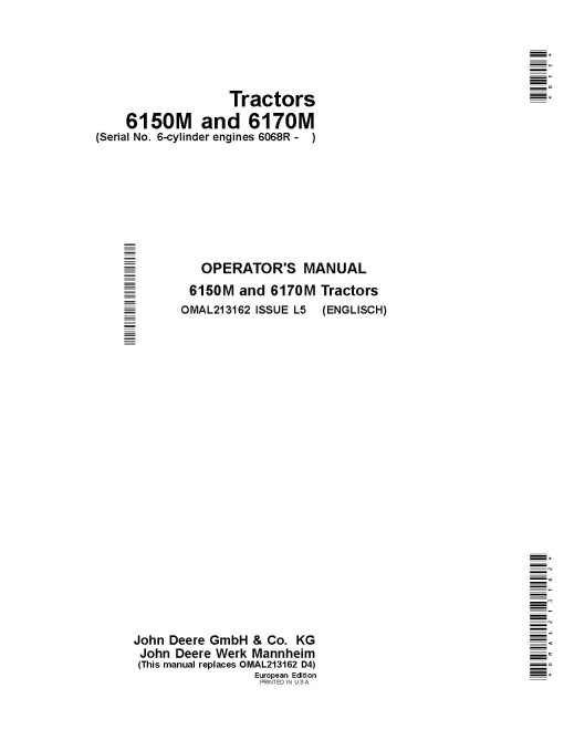 John Deere 6150M and 6170M Tractors (Europe) Operators Manual (OMAL213162)