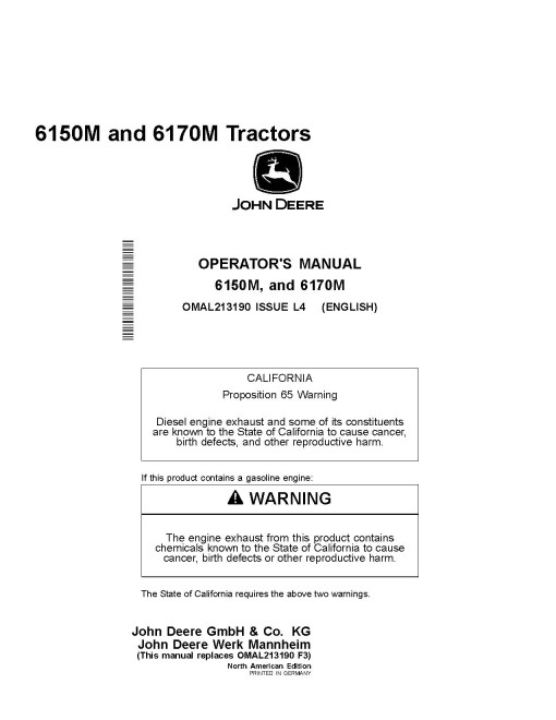 John Deere 6150M and 6170M Tractors (North America) Operators Manual (OMAL213190)