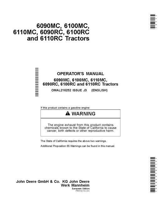 John Deere 6090MC, 6090RC, 6100MC, 6100RC, 6110MC and 6110RC Tractors (Europe) Operators Manual (OMAL216252)