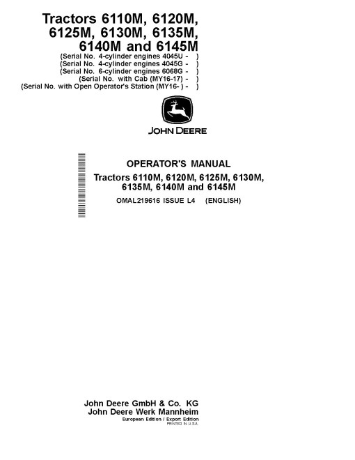 John Deere 6110M, 6120M, 6125M, 6130M, 6135M, 6140M, 6145M Tractors (MY2016-2017; Europe, Export) Operators Manual (OMAL219616)