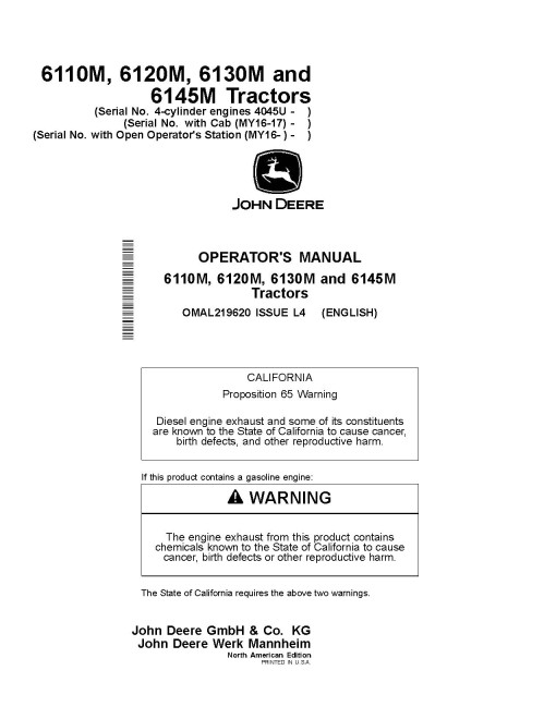 John Deere 6110M, 6120M, 6130M and 6145M Tractors (MY2016 - 2017, North America) Operators Manual (OMAL219620)