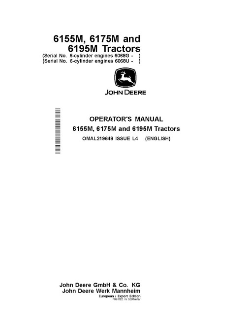 John Deere 6155M, 6175M and 6195M Tractors (MY2016 - 2017, Export w. European configuration) Operators Manual (OMAL219648)