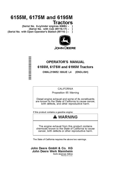 John Deere 6155M, 6175M and 6195M Tractors (MY2016 - 2017, N.America) Operators Manual (OMAL219652)