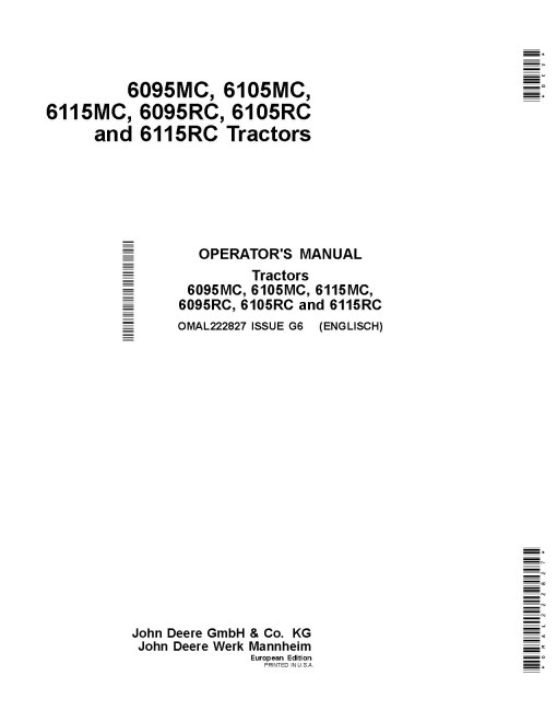 John Deere 6095MC, 6095RC, 6105MC, 6105RC, 6115MC and 6115RC Tractors (MY2016-2017, Europe) Operators Manual (OMAL222827)