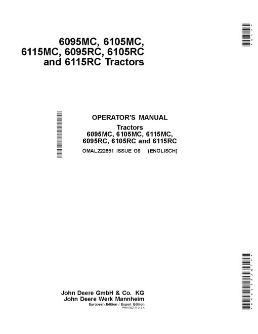 John Deere 6095MC, 6095RC, 6105MC, 6105RC, 6115MC, 6115RC Tractors (MY2016-2017, Export w.EU config.) Operators Manual (OMAL222851)