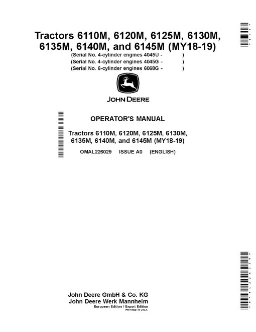 John Deere 6110M, 6120M, 6125M, 6130M, 6135M, 6140M, 6145M Tractors (MY2018-2019; Europe, Export) Operators Manual (OMAL226029)