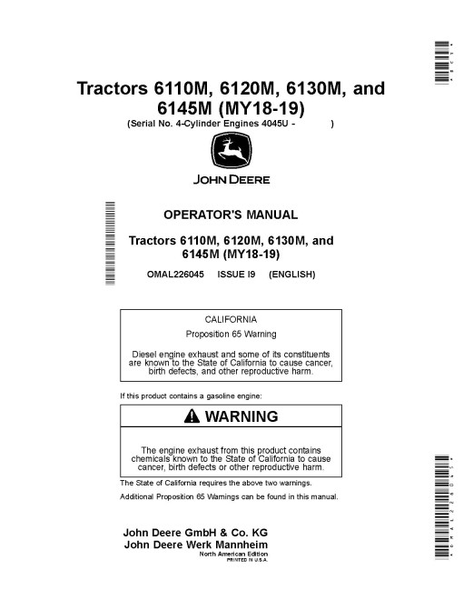 John Deere 6110M, 6120M, 6130M and 6145M Tractors (MY2018 - 2019, N.America) Operators Manual (OMAL226045)