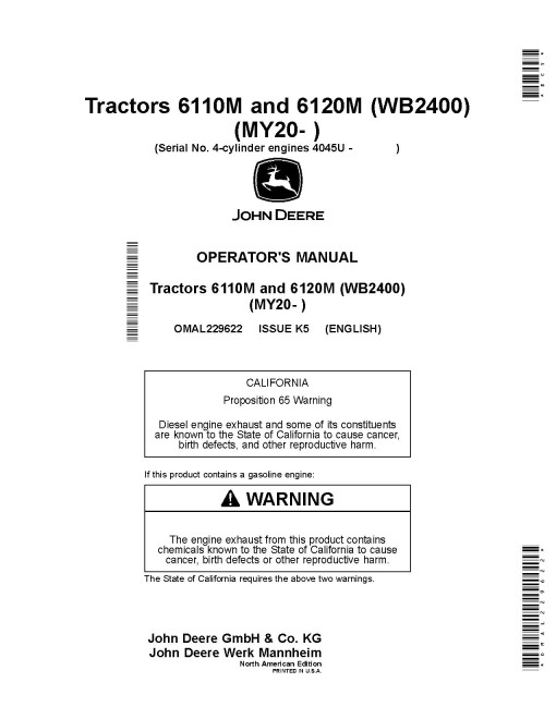 John Deere 6110M and 6120M Tractors (from MY2020, North America) Operators Manual (OMAL229622)