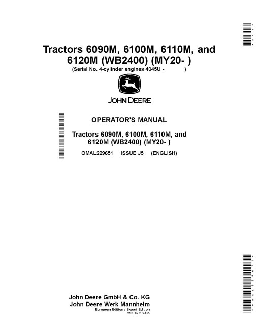 John Deere 6090M, 6100M, 6110M and 6120M Tractors (from MY2020; Europe, Export) Operators Manual (OMAL229651)