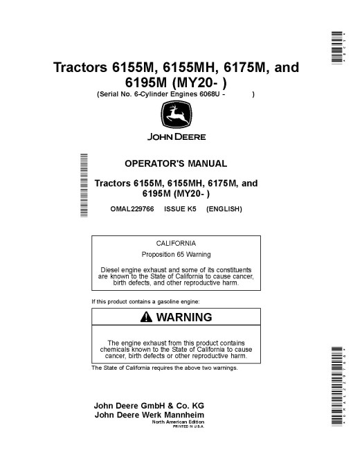 John Deere 6155M, 6155MH, 6175M and 6195M Tractors (from MY2020, N.America) Operators Manual (OMAL229766)