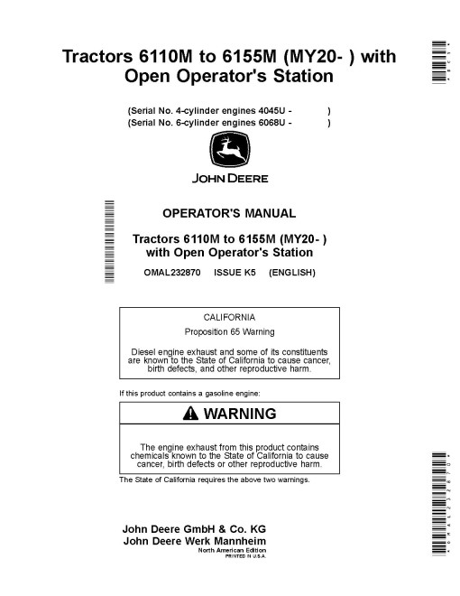 John Deere OOS 6110M, 6120M, 6125M, 6130M, 6135M, 6140M, 6145M, 6155M Tractors (from MY2020, N.America) Operators Manual (OMAL232870)