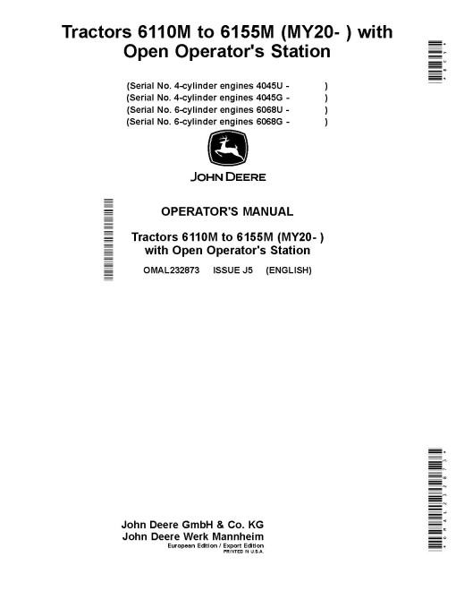 John Deere OOS 6110M, 6120M, 6125M, 6130M, 6135M, 6140M, 6145M, 6155M Tractors (from MY2020; Europe, Export) Operators Manual (OMAL232873)