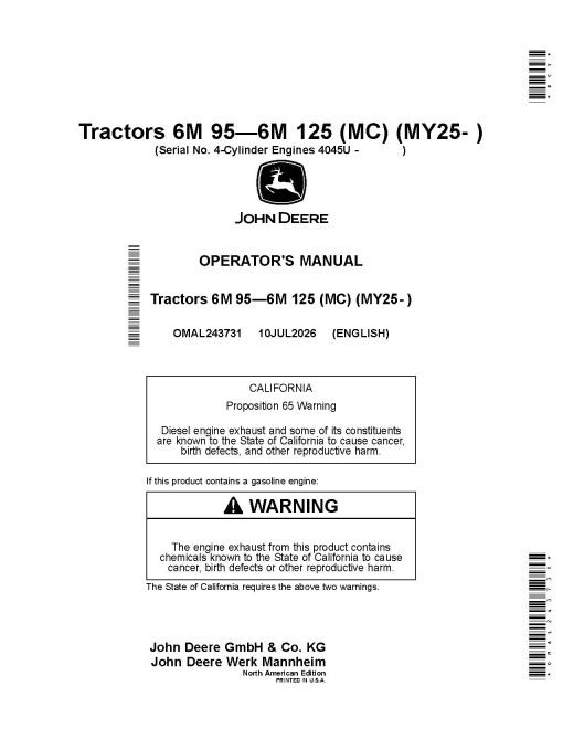 John Deere 6M 105, 6M 115, 6M 125 and 6M 95 (MC frame) Tractors (from MY2025, N.America) Operators Manual (OMAL243731)