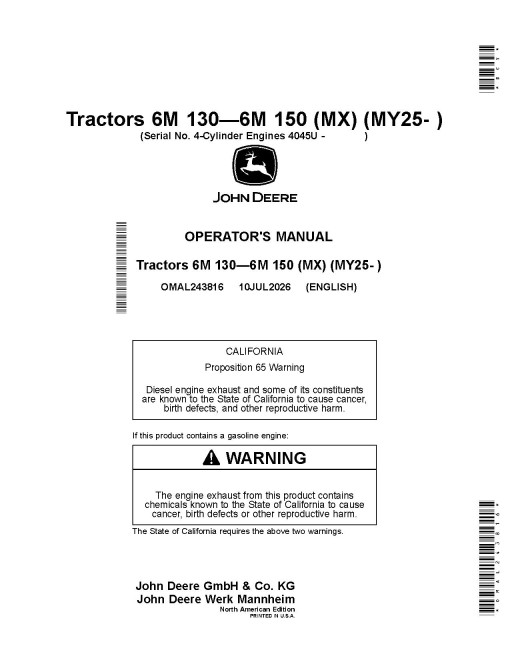 John Deere 6M 110, 6M 125, 6M 130, 6M 140 and 6M 150 (MX frame) Tractors (from MY2025, N.America) Operators Manual (OMAL243816)