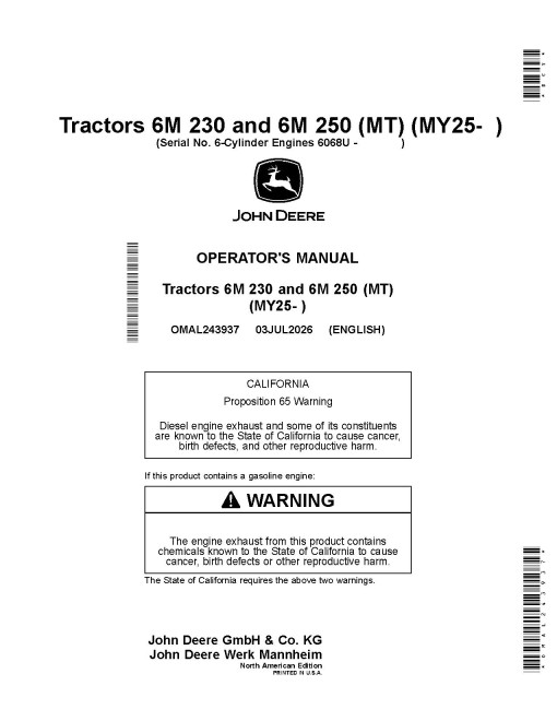 John Deere 6M 230 and 6M 250 (MT Frame) Tractors (from MY2025) (North America) Operators Manual (OMAL243937)