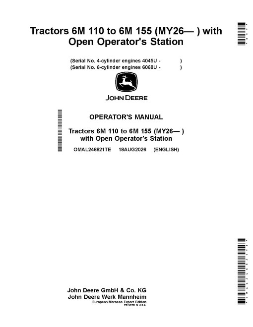 John Deere 6M 110, 6M 120, 6M 125, 6M 130, 6M 140, 6M 145, 6M 155 OOS Tractors (from MY26, EU Marocco) Operators Manual (OMAL246821TE)