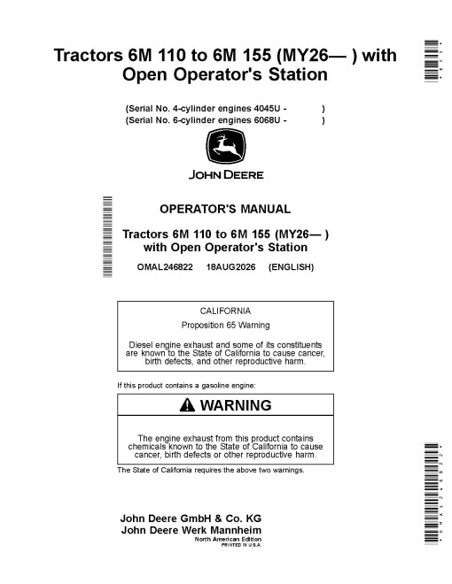 John Deere 6M 110, 6M 120, 6M 125, 6M 130, 6M 140, 6M 145, 6M 155 OOS Tractors (from MY2026, N.America) Operators Manual (OMAL246822)