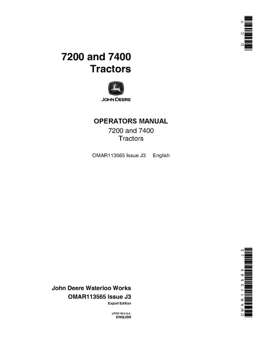 John Deere 7200 and 7400 Tractors (Export Edition) Operators Manual (OMAR113565)