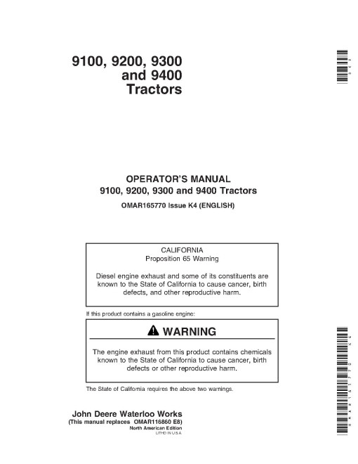 John Deere 9100, 9200, 9300 and 9400 4WD Articulated Tractors (SN: up to 030000, North America) Operators Manual (OMAR165770)