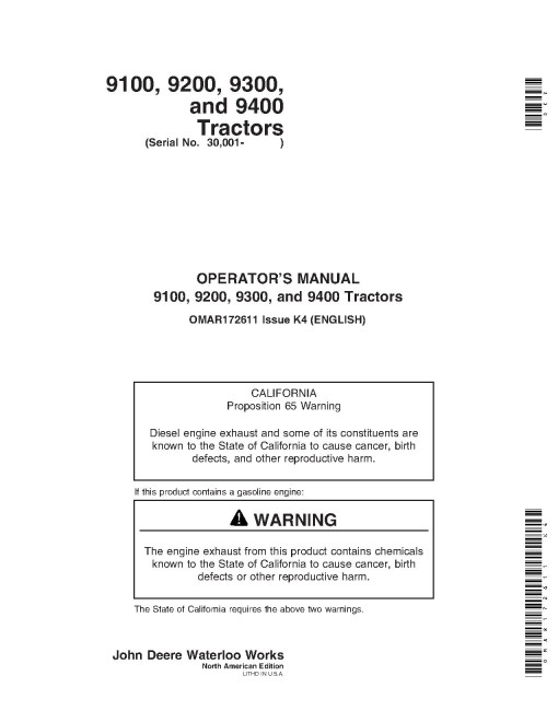 John Deere 9100, 9200, 9300 and 9400 4WD Articulated Tractors (SN: 030001-040000, North America) Operators Manual (OMAR172611)