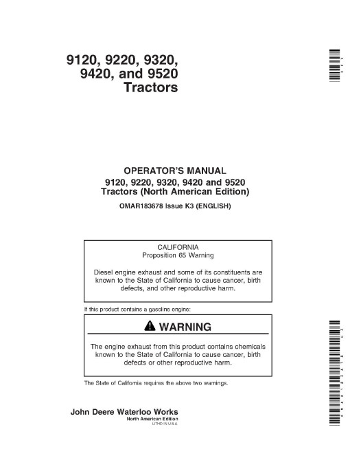 John Deere 9120, 9220, 9320, 9420, 9520 4WD Articulated Tractors (SN: up to 010000; N.America, Export) Operators Manual (OMAR183678)