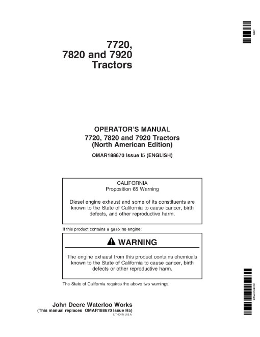 John Deere 7720, 7820 and 7920 Tractors (North America) Operators Manual (OMAR188670)