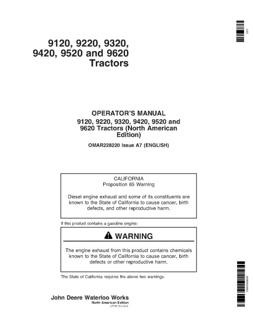 John Deere 9120, 9220, 9320, 9420, 9520, 9620 4WD Articulated Tractors (SN: from 010001; N.America, Export) Operators Manual (OMAR228220)