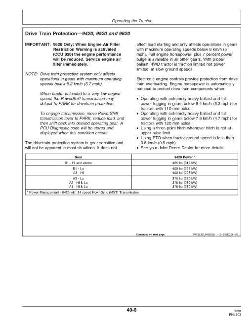 John Deere 9120, 9220, 9320, 9420, 9520, 9620 4WD Articulated Tractors (SN: from 010001; N.America, Export) Operators Manual (OMAR228220)